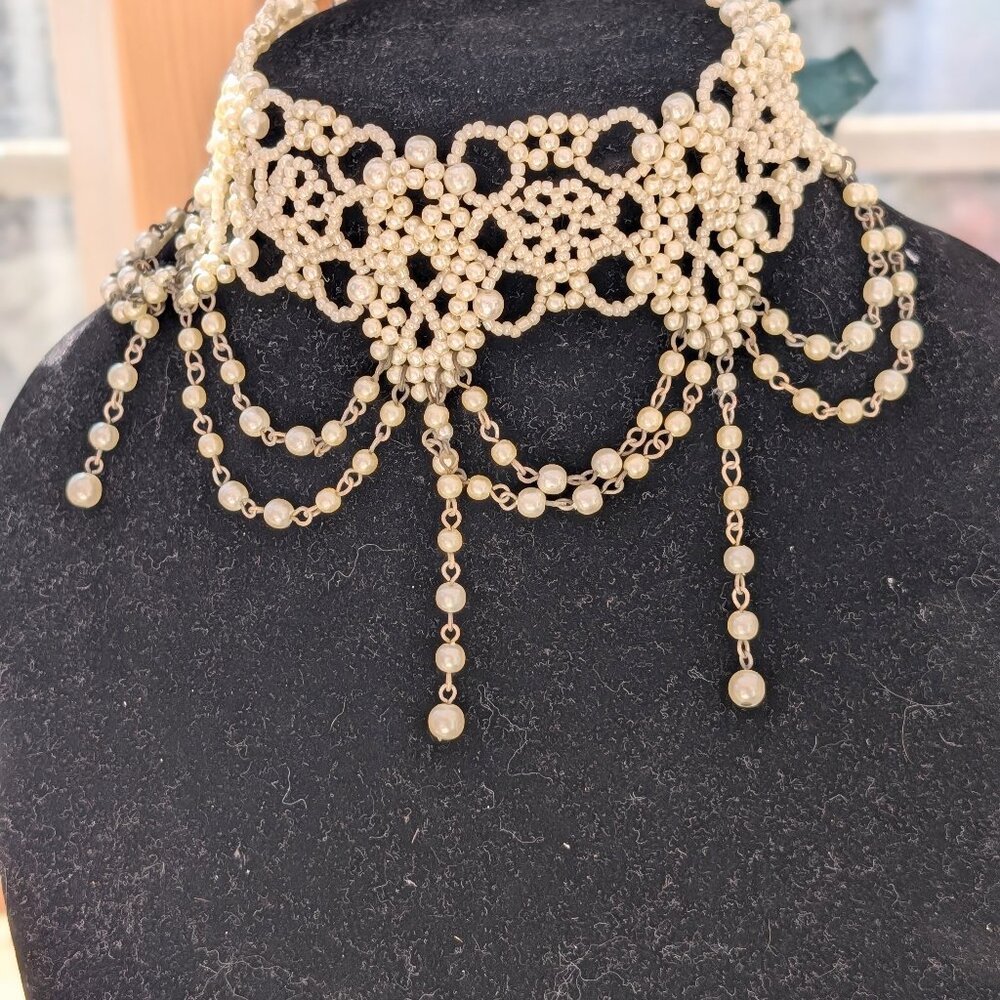 Vintage Victorian Style Pearl Lace Beaded Choker Necklace